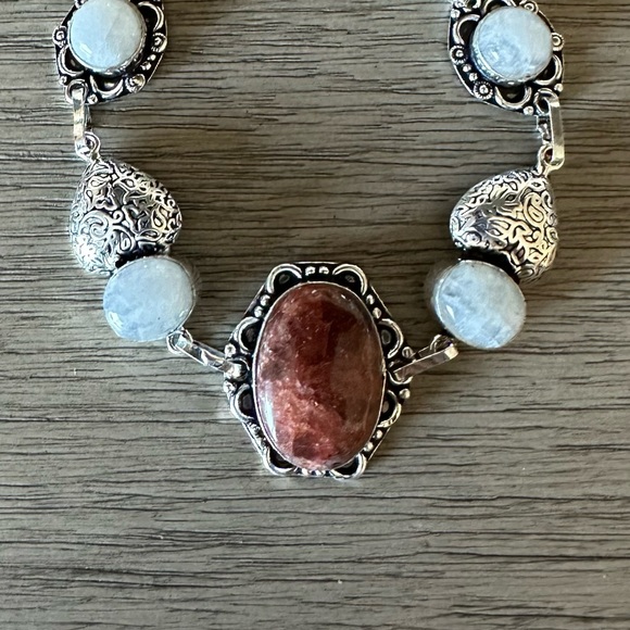 1058 Red Aventurine Rainbow Moonstone Bracelet Silver Statement Jewelry - Picture 5 of 10